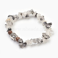 Natural Tourmalinated Quartz/Black Rutilated Quartz and Wood Beads Stretch Bracelets, with Alloy Findings, Buddha Head and Chip, 1-7/8 inch(4.8cm)(BJEW-JB03859-03)