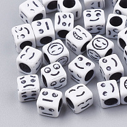 Craft Acrylic Beads, Cube with Mixed Expression, White, 6x6x6mm, Hole: 3.5mm, about 3000pcs/500g(MACR-Q231-05)