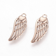 304 Stainless Steel Pendants, Wings with Heart, Rose Gold, 20x8x2.5mm, Hole: 1.6mm(STAS-P217-02RG)