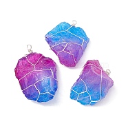 Electroplated Raw Rough Natural Quartz Copper Wire Wrapped Big Pendants, Two Tone Nuggets Charms, Silver Plated Color, Magenta, 42~59x27~37x17~24mm, Hole: 3mm(PALLOY-JF02283-03)