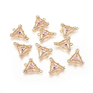 Brass Links connectors, with Cubic Zirconia, Real 18K Gold Plated, Triangle, Pink, 15x12.5x2.5mm, Hole: 1mm(ZIRC-L077-006G)