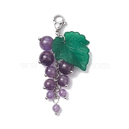 Grape Natural Amethyst Pendant Decorations, Acrylic Leaf & Lobster Claw Clasps Charms, for Bag Key Ornaments, 48~55mm(HJEW-TA00266-01)