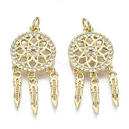Brass Micro Pave Clear Cubic Zirconia Pendants, with Jump Ring, Nickel Free, Woven Net/Web with Feather, Real 16K Gold Plated, 33x15x2mm, Jump Rng: 5x1mm, 3mm inner diameter(ZIRC-N039-064-NF)