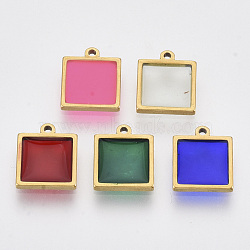 201 Stainless Steel Pendants, with Epoxy Resin, Square, Mixed Color, Golden, 12x10x1.5mm, Hole: 1.2mm(STAS-R100-44A)