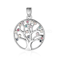 Brass Micro Pave Cubic Zirconia Pendants, Tree of Life Charms, Colorful, Platinum, 22x19x2.2mm(ZIRC-OY001-47P)