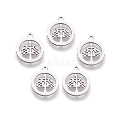 304 Stainless Steel Charms, Flat Round with Tree of Life, Stainless Steel Color, 14x12x1mm, Hole: 1mm(STAS-I098-03)