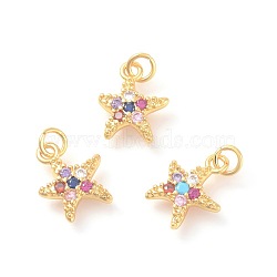 Brass Micro Pave Cubic Zirconia Charms, Starfish/Sea Stars, Colorful, Golden, 14.5x12x3mm, Hole: 3mm(ZIRC-F106-06G)