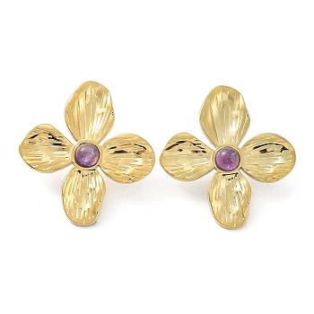 Natural Amethyst Flower Stud Earrings, Real 18K Gold Plated 304 Stainless Steel Earrings, 32.5x30mm