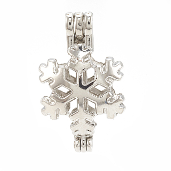 Alloy Bead Cage Pendants, Hollow, Snowflakes, Platinum, 31.5x19x11mm, Hole: 3.5x2.5mm, Inner Measure: 17mm