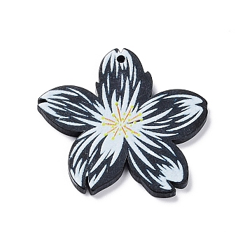 Printed Opaque Acrylic Pendants, Flower, Black, 35x37x2.5mm, Hole: 1.6mm