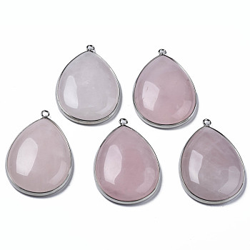 Natural Rose Quartz Pendants, with Platinum Plated Brass Edge and Loop, Teardrop, 45x31x8~9mm, Hole: 2mm