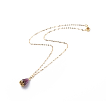 Natural Amethyst Teardrop Pendant Necklace, Gold Plated Brass Jewelry for Women, Golden, 17.72 inch(45cm)