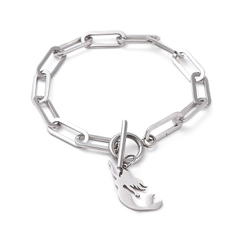 304 Stainless Steel Charm Bracelets, with 304 Stainless Steel Cable Chains, Mermaid, Stainless Steel Color, 7-1/2 inch(19cm)