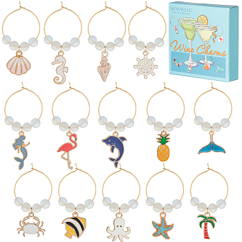 Alloy Enamel Wine Glass Charms, with Brass Hoop Earring Findings and Synthetic Moonstone Bead, Octopus/Starfish/Sea Horse, Mixed Color, 48~60mm, 14 style, 1pc/style, 14pcs/set