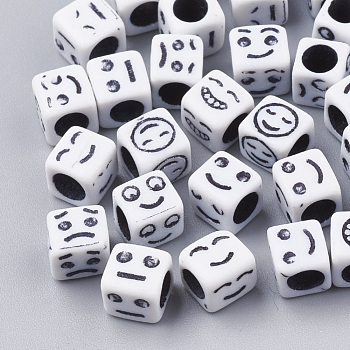 Craft Acrylic Beads, Cube with Mixed Expression, White, 6x6x6mm, Hole: 3.5mm, about 3000pcs/500g
