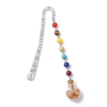7 Chakra Gemstone Bead & Natural Red Aventurine Glass Heart Wishing Bottle Pendant Bookmarks, Alloy Hook Bookmarks, 153mm
