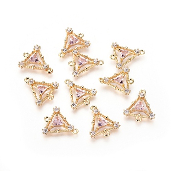 Brass Links connectors, with Cubic Zirconia, Real 18K Gold Plated, Triangle, Pink, 15x12.5x2.5mm, Hole: 1mm
