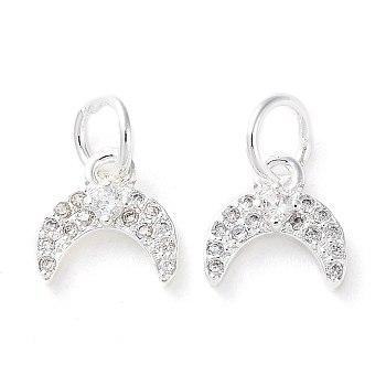 Rack Plating Brass Micro Pave Clear Cubic Zirconia Charms, Long-Lasting Plated, with Jump Rings, Moon, Silver, 9x9x2.5mm