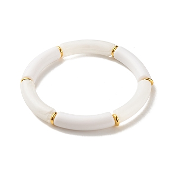 Two Tone Acrylic Curved Tube Beaded Stretch Bracelet, Chunky Bracelet for Women, White, Inner Diameter: 2-1/8 inch(5.5cm)