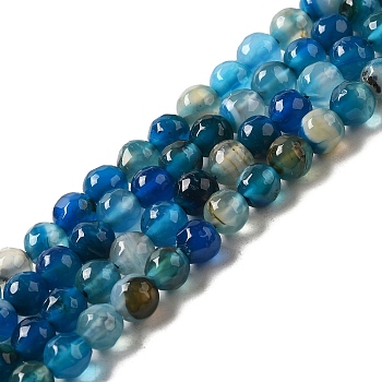 Natural Striped Agate/Banded Agate Beads, Dyed, Faceted, Round, Blue, Size: about 6mm in diameter, hole: 1mm, 63pcs/strand, 15.5 inch