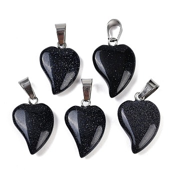 Synthetic Blue Goldstone Heart Pendants, Love Heart Charms with 304 Stainless Steel Snap on Bails, Stainless Steel Color, 22.5x15.5x6mm, Hole: 6x3.5mm