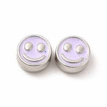 Rack Plating Alloy Enamel Beads, Cadmium Free & Nickel Free & Lead Free, Flat Round with Smiling Face Pattern, Platinum, Lilac, 7.5x4mm, Hole: 2mm