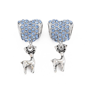 Rack Plating Alloy European Dangle Charms, with Rhinestone, Large Hole Beads, Cadmium Free & Nickel Free & Lead Free, Heart with Deer, Platinum, Light Sapphire, 25.5x12x8mm, Hole: 5mm