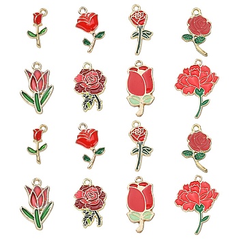 40Pcs 8 Styles Zinc Alloy Enamel Pendants, Light Gold, Rose Flower, for Valentine's Day, Red, 19~34x10~22x1~2mm, Hole: 1.8mm, 5pcs/style