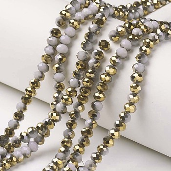 Electroplate Opaque Glass Beads Strands, Half Golden Plated, Faceted, Rondelle, Gray, 4x3mm, Hole: 0.4mm, about 123~127pcs/strand, 16.5~16.9 inch(42~43cm)