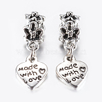 15Pcs Tibetan Style Alloy European Dangle Charms, Large Hole Pendants, Heart, Antique Silver, 27mm, Pendant: 12x10x2mm, Hole: 5mm(MPDL-ZF0001-08)