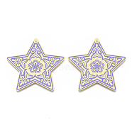 Brass Enamel Big Pendants, Etched Metal Embellishments, Matte Gold Color, Star with Flower, Lilac, 50x50x0.3mm, Hole: 1.6mm(KK-N223-02D)