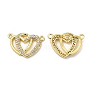 Brass Micro Pave Clear Cubic Zirconia Connector Charms, Double Heart Links, Real 18K Gold Plated, 17x21x2.5mm, Hole: 1.6mm(KK-E068-VB065)