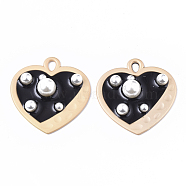 Epoxy Resin Pendants, with ABS Plastic Imitation Pearl and Matte Gold Plated Alloy Open Back Bezel, Heart, Black, 35x33.5x8mm, Hole: 3x4mm(X-RESI-S380-01A)