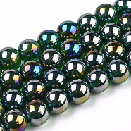 Electroplate Transparent Glass Beads Strands, AB Color Plated, Round, Dark Green, 4~4.5mm, Hole: 0.8mm, about 97~99pcs/strand, 14.76 inch~14.96 inch(37.5~38cm)(GLAA-T032-T4mm-AB22)