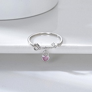 Rhodium Plated 925 Sterling Silver Finger Ring with Cubic Zirconia Heart Pad Charms, with S925 Stamp, Real Platinum Plated, US Size 6 1/2(16.9mm)(RJEW-C064-34B-P)