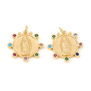Brass Micro Pave Cubic Zirconia Pendants, Lady of Guadalupe Charms, with Jump Rings, Flat Round with Virgin Mary, Colorful, Real 18K Gold Plated, 20x20.5x2mm, Jump Ring: 5x0.8mm, Hole: 3.5mm(KK-I672-34G)