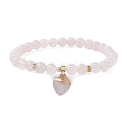 Natural Rose Quartz Round Beaded Stretch Bracelets, with Heart Charms, Inner Diameter: 2-1/8~2-1/4 inch(5.4~5.6cm)(BJEW-JB09727-03)