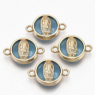 Glass Links connectors, with Light Gold Plated Alloy Findings, Flat Round with Virgin Mary, Light Sky Blue, 13.5x19.5x5.5mm, Hole: 1.6mm(X-GLAA-T015-11D)