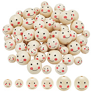 Elite 60Pcs 3 Styles Printed Wooden Beads, Undyed, Round with Smiling Face Pattern, Linen, 13.5~23.5x12.5~22mm, Hole: 3.4~4.2mm, 20pcs/style(WOOD-PH0002-64)