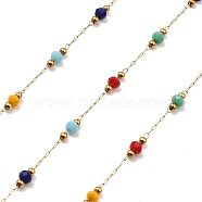 Rondelle Glass Beaded Link Chains, with Golden 304 Stainless Steel Paperclip Chains, Soldered, with Spool, Colorful, 3x2.5mm, 2mm, about 32.81 Feet(10m)/Roll(CHS-G028-03G-11)
