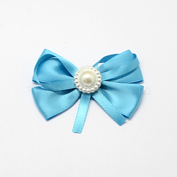Handmade Woven Costume Accessories, Ribbon Bowknot with ABS Plastic Beads, Deep Sky Blue, 58x75x16mm, about 100pcs/bag(WOVE-R075-11)