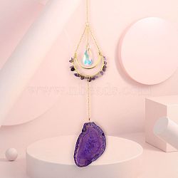Natural Amethyst Chip Wrapped Moon Hanging Ornaments, Glass Teardrop and Agate Slices Tassel Suncatchers for Home Outdoor Decoration, 430mm(PW-WG89822-01)