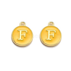Golden Plated Alloy Enamel Charms, Enamelled Sequins, Flat Round with Alphabet, Letter.F, Yellow, 14x12x2mm, Hole: 1.5mm(ENAM-Q437-13F)