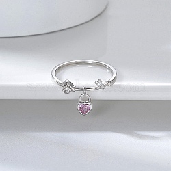 Rhodium Plated 925 Sterling Silver Finger Ring with Cubic Zirconia Heart Pad Charms, with S925 Stamp, Real Platinum Plated, US Size 6 1/2(16.9mm)(RJEW-C064-34B-P)