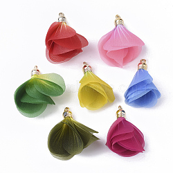 Organza Fabric Pendants, with CCB Plastic, Flower, Mixed Color, 41.5~47x24.5~39.5mm, Hole: 2mm(FIND-T061-001)