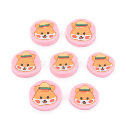 Handmade Polymer Clay Cabochons, Flat Round with Dog, Pink, 9.5~11.5x1.5~2.5mm, about 4500pcs/1000g(CLAY-N006-133)