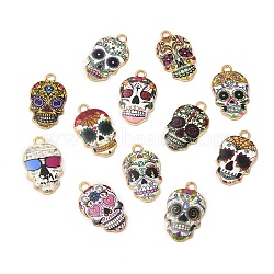 Eco-friendly Alloy Enamel Pendants, Sugar Skull Charm, for Mexico Holiday Day of The Dead, Mixed Color, 22x13x2mm, Hole: 2mm(X-PALLOY-M212-15G)