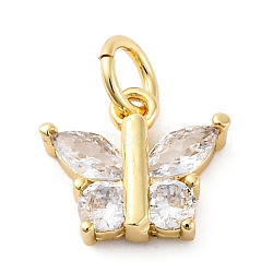 Brass Micro Pave Clear Cubic Zirconia Pendants, Butterfly Charms, with Jump Ring, Real 16K Gold Plated, 9.5x11x3mm, Hole: 3.5mm(KK-S510-30G)