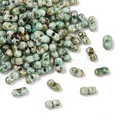 Picasso Glass Seed Beads, Round Hole, Peanut, Aquamarine, 6x3~3.5x3mm, Hole: 1.1mm, 110pcs/set(SEED-Q038-02B)