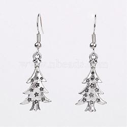 Alloy Dangle Earrings, Christmas Tree, Antique Silver, 41mm, 26x14x2.5mm, Pin: 0.6mm(EJEW-JE02381-05)